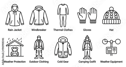 A collection of line art icons representing various outdoor clothing items, gear, and weather protection essentials for activities like camping and hiking.