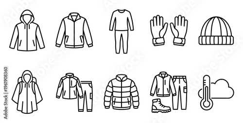 A clean, minimalist collection of black outline icons depicting various winter clothing items, weather symbols, and a thermometer, ideal for representing cold weather or outdoor activities.
