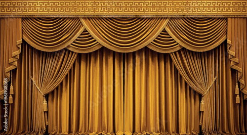 Luxurious golden stage curtain with intricate gold trim and pleated drapes for theatrical performances with velvet curtain