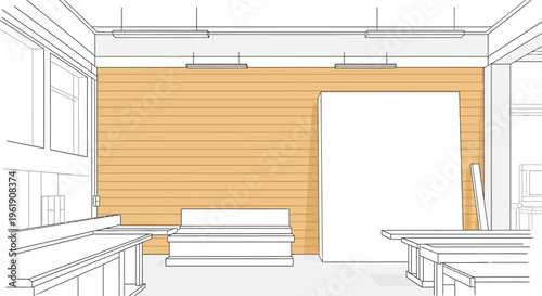 A minimalist interior design sketch of a room with wooden wall and workbenches.