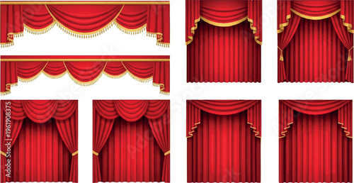 Luxurious set of red theatre curtains and drapes with gold trim, showcasing elegant swags and pleats for stage entrances or grand interiors, window dressing