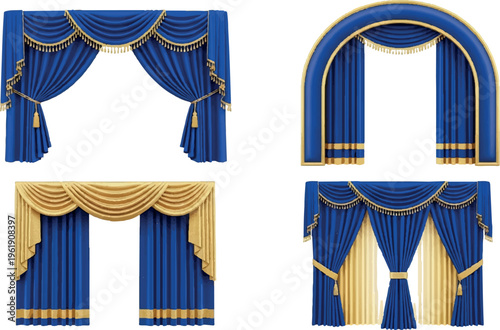 Collection of blue and gold drapes and curtains, featuring ornate designs with swags, pleats, and decorative trim for theatre or luxurious interior spaces, window dressing