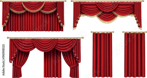 Collection of elegant red theatre curtains and drapes with ornate gold trim, featuring swags and pleats for stage entrances or luxurious interior design, window dressing