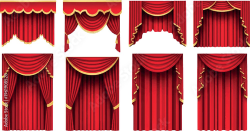 Set of theatrical red curtains and drapes with elegant gold trim and decorative swags with window dressing