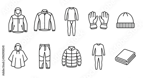 Collection of outline icons representing various winter clothing items including jackets, pants, gloves, beanie, and thermal wear.