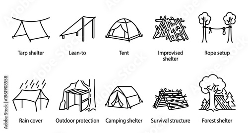A collection of line art icons depicting various outdoor shelters including tents, tarps, lean-tos, and improvised structures in a forest setting.
