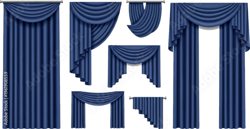 Set of dark blue elegant curtains and drapes with elaborate swags and tiebacks, decorative window coverings for interior spaces, window treatments