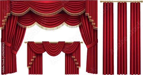 Collection of opulent red velvet curtains and drapes with gold trim and decorative tiebacks, rich theatrical stage and interior decor, window treatments