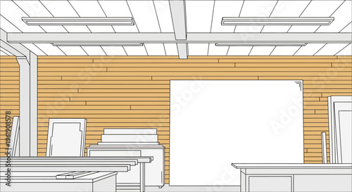 An empty room with wooden walls and white furniture.