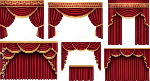 Luxurious red curtains and drapes with gold embellishments and ornate swags, elegant window coverings for formal interiors and theaters, window treatments