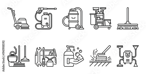 A collection of simple line art icons representing various cleaning tools and equipment, perfect for use in design projects related to household chores or professional cleaning services.