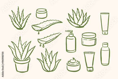 Aloe vera skincare doodle icon set vector illustration