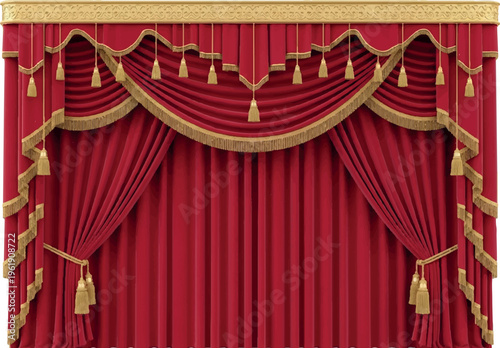 Luxurious red velvet stage curtains with ornate gold trim and tassels, gathered fabric drapes, opulent theatre backdrop, dramatic opening, home decor