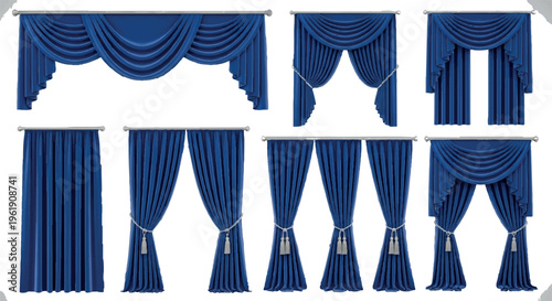 Set of deep blue curtains and drapes in various styles, featuring elegant fabric folds, pleats, and some with tassels for window treatments or stage decor, home decor