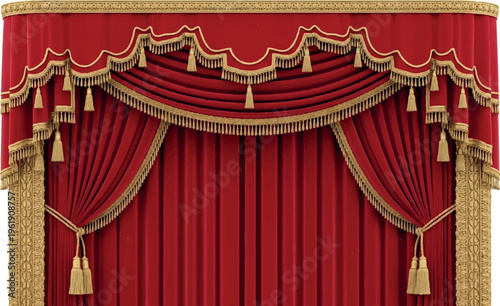 Ornate red velvet curtains and drapes for a grand stage or theatre, featuring elaborate gold trim, elegant tassels, and dramatic pleating, curtain rod