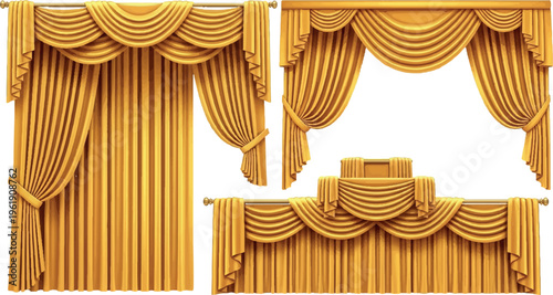 Collection of golden yellow curtains and drapes with ornate draping, gathered fabric, and swags, home decor