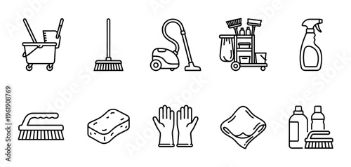 A collection of simple line art icons representing various cleaning tools and supplies for domestic or commercial use.