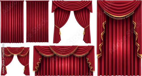 Assortment of red curtains and drapes with gold trim and detailing, suitable for stage, theater, event backdrops, and luxurious window treatments, home decor