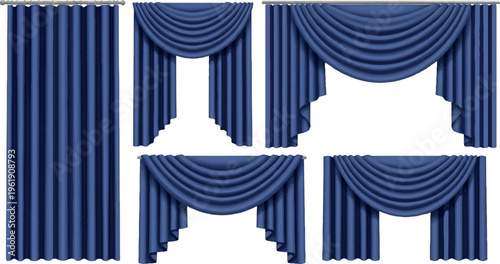 Collection of elegant blue curtains and drapes, showcasing various folds, pleats, and styles, window treatments