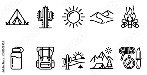 A collection of black line art icons depicting various elements of outdoor adventure, including camping, hiking, and desert exploration, perfect for travel and activity graphics.