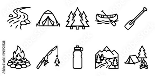 A clean vector illustration set featuring simple black line icons representing various camping and outdoor adventure activities like tents, campfires, fishing, and canoeing.