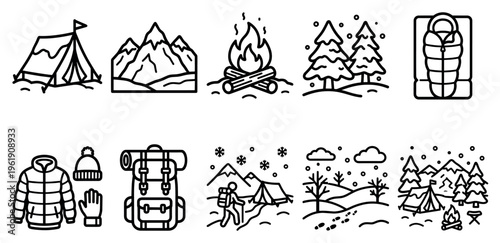 A collection of simple, linear vector icons depicting various elements of camping and outdoor adventure, including tents, mountains, campfires, trees, sleeping bags, and winter gear.