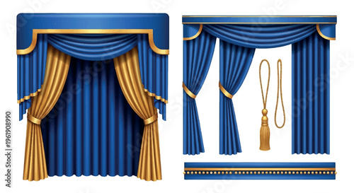 Set of blue and gold stage curtains and borders with ornate trim, featuring theatrical drapes and decorative tassels for elegant event entrances, theater curtains