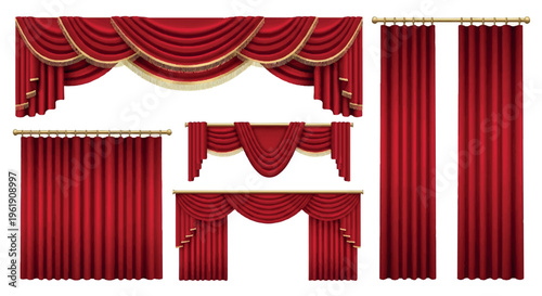 Collection of luxurious red velvet drapes and curtains with golden trim, presented in various styles and sizes for stage or window decoration, velvet fabric