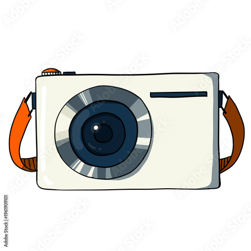 Hand-drawn a white digital compact camera with an orange strap isolated on transparent background. photography equipment for travel and vacation