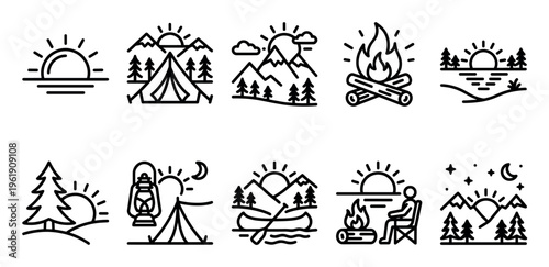 A collection of simple black line art icons depicting various camping and outdoor adventure scenes including tents, mountains, trees, bonfires, canoes, and celestial bodies.