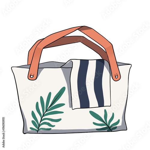 Hand-drawn a white fabric beach tote bag with a palm leaf pattern and an orange strap isolated on transparent background. summer accessory with a striped black and white towel inside