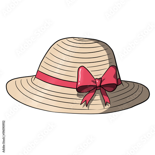 Hand-drawn straw hat with a red ribbon and bow isolated on transparent background. summer sun protection headwear and fashion accessory