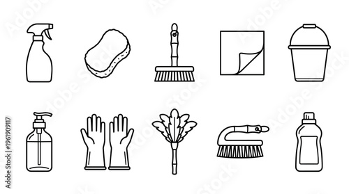 A collection of black and white line art icons representing various cleaning tools and supplies, perfect for illustrating home hygiene and tidiness.