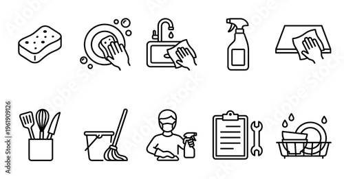 A collection of minimalist black and white line icons depicting various cleaning tasks and tools, illustrating hygiene and household chores.