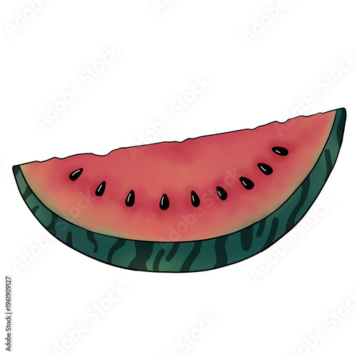 Hand-drawn a fresh watermelon slice isolated on transparent background. healthy summer fruit snack with red pulp and green rind