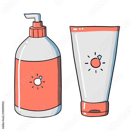 Hand-drawn a sunscreen pump bottle and tube isolated on transparent background. summer skin care sun protection products