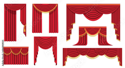 Set of red velvet curtains, ornate drapes with gold trim and tassels, stage backdrops, theatre curtains, and elegant window treatments for luxurious interiors
