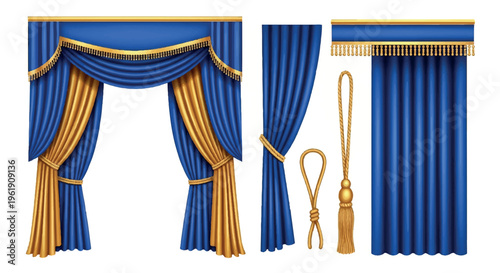 Elegant blue and gold curtains with ornate tassels and trim, luxurious theatre drapes, stage backdrop designs, and sophisticated window treatments for interiors
