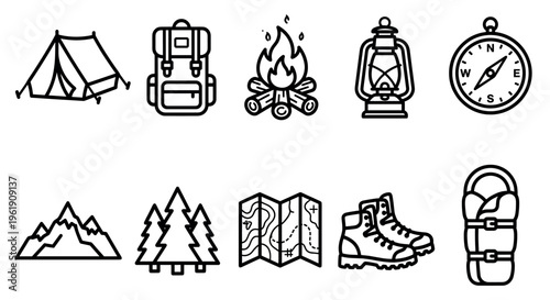 Collection of simple black line icons representing camping and outdoor adventure essentials like a tent, backpack, campfire, and compass on a white background.