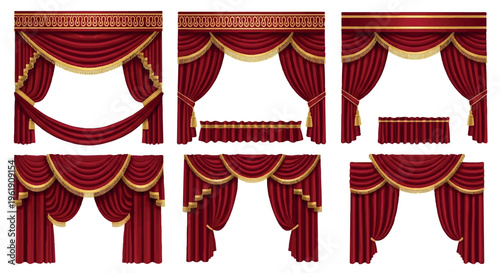 Elegant red velvet curtains with ornate golden trim and tassels, collection of stage drapes, theatre backdrops, and luxurious interior window treatments, interior design