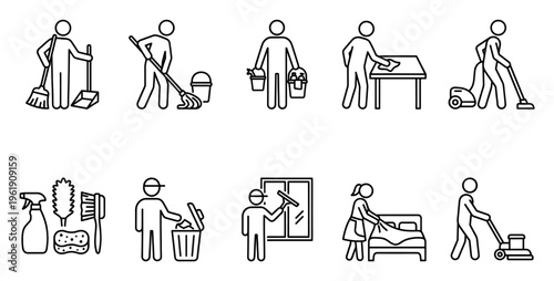A collection of black and white line art icons depicts various cleaning activities and tools for home or professional services.