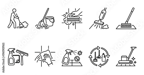 A collection of simple black and white line art icons illustrating various household cleaning activities and tools, perfect for hygiene and service concepts.