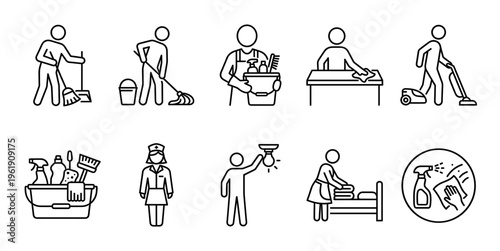 This icon set depicts various cleaning tasks and professions, perfect for websites, apps, or presentations related to housekeeping, janitorial services, or home maintenance.