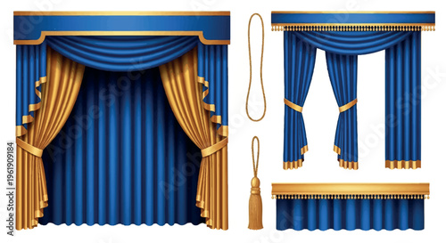 Luxurious royal blue and gold theatre stage curtains and drapes with tassels, opulent velvet, stage backdrop, elegant design elements, home decor
