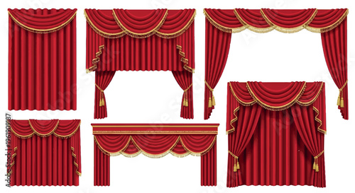 Collection of rich red velvet curtains with ornate gold trim and tassels, elegant stage drapes, theatre backdrops, and luxurious interior window treatments, interior design