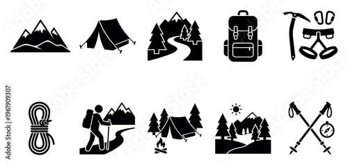 A collection of black silhouette icons represents camping and hiking adventures including mountains, tents, backpacks, ropes, and climbing gear.