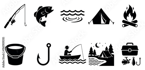 Collection of black vector icons representing fishing and camping activities, including a rod, fish, tent, campfire, and tackle box.