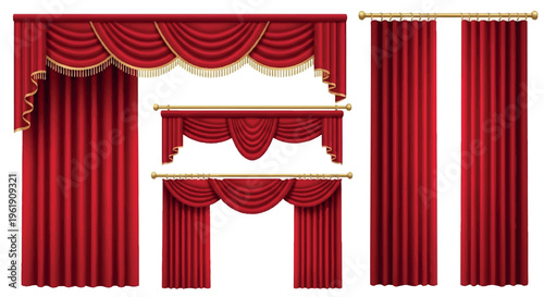 Collection of luxury red velvet stage curtains and drapes with gold trim and ornate pelmets with stage curtain