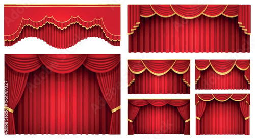 Assortment of red stage curtains with draped pelmets and decorative gold fringe, isolated on white background, stage curtain