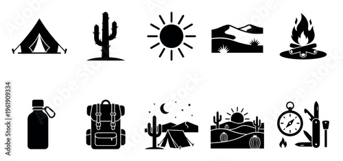 A collection of black and white vector icons representing desert camping and outdoor adventure, including tents, cacti, sun, and survival gear.